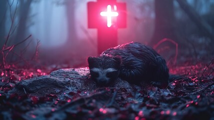   A dead animal lying on the ground in front of a cross in a dark forest with red lights shining on it