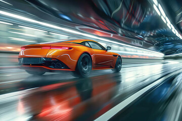 Orange car on high speed with motion blur.