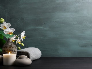 Grey background serves as a canvas for spa accessories, offering relaxation with copy space