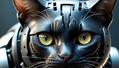 This digital art piece showcases a hyper-realistic mechanized cat with a futuristic helmet and piercing green eyes, ideal for sci-fi and pet tech themes.