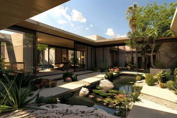 : A stylish desert oasis home with a low, sprawling design, characterized by clean lines, large overhangs for shade, and a lush courtyard garden with a central water feature.