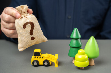Bulldozer in the forest and a money bag with a question mark. A fair price for the sale of a forest...