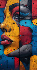 Stylish street graffiti with a woman's face on a brick wall.
