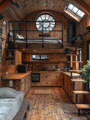 Tiny house interior with kitchen and stairs.