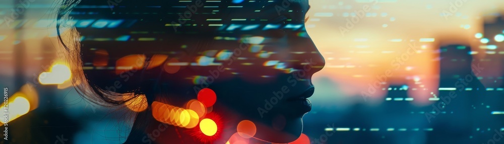 Poster a silhouette of a person superimposed with data streams and coding visuals, symbolizing technology, 