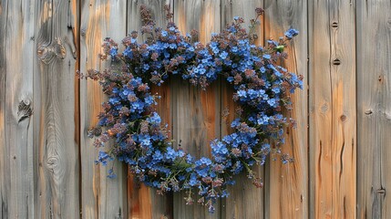   A wreath of blue flowers hangs on a wooden fence, framed by two wooden fences behind it