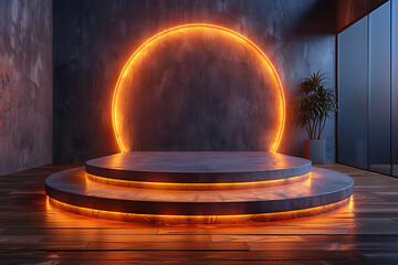 Modern and adaptable, the 3D podium with a striking neon effect creates a futuristic and vibrant image, perfect for displaying products or awards in a modern setting