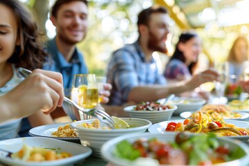 People enjoying outdoor meal together on sunny day
