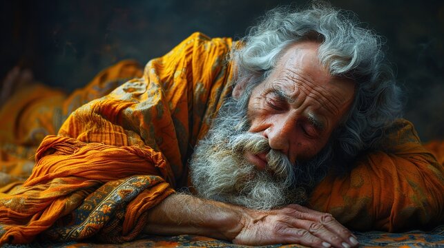 An old biblical character lies on the ground.