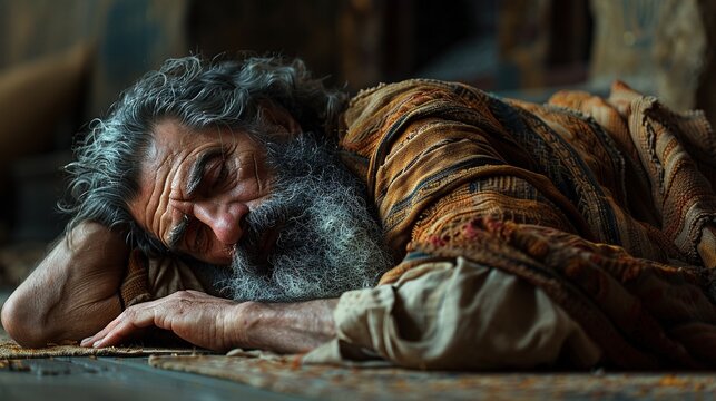 An old biblical character lies on the ground.