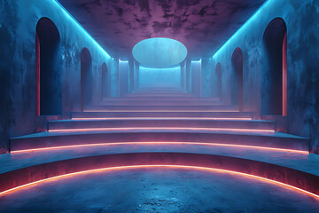 Modern and adaptable, the 3D podium with a striking neon effect creates a futuristic and vibrant image, perfect for displaying products or awards in a modern setting