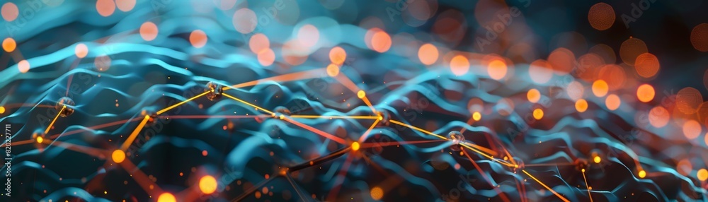 Poster abstract representation of complex data visualization with glowing lines and dots, symbolizing moder