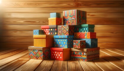  A stack of colorful e-commerce boxes with attractive patterns placed on a wooden surface. The boxes vary