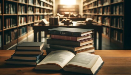 A stack of books on a table in a library, with one book open. The scene captures the quiet and scholarly atmosphere of the library, with shelves