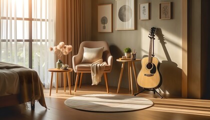 A cozy room with a guitar placed on a guitar stand in the corner. The room features a comfortable chair, a small table, and a soft rug. The walls