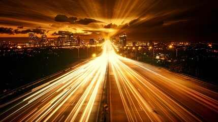 Fototapeta premium City nightscape with light trails capturing the fast-paced movement of vehicles against a glowing sunset sky over the urban skyline.