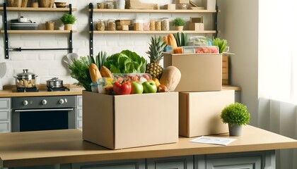 E-commerce food delivery boxes with fresh produce and meals, neatly packed, placed on a kitchen counter. The boxes are organized and filled with a var
