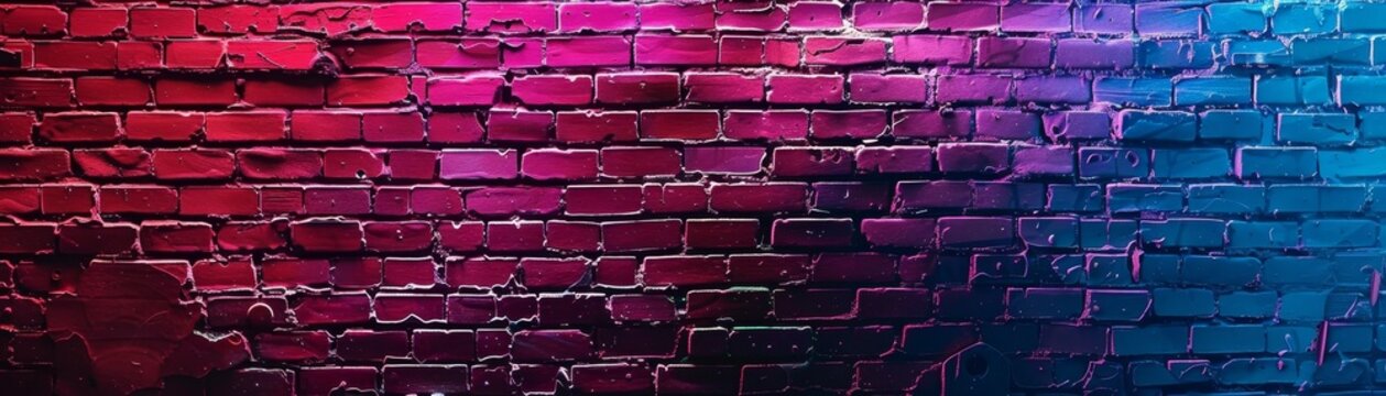 Brick wall background illuminated by colorful neon lights, creating a vibrant and dynamic atmosphere. Ideal for creative design projects.