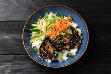 Korean mushrooms bowl with cucumber salad, kimchi and rice