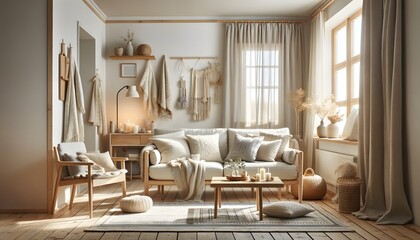  A Scandinavian-style living room with light wood furniture, cozy textiles, and neutral color tones, in a sunlit space. The room features a comfortable