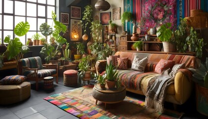 A bohemian-style living room with vibrant textiles, eclectic decor, and lush indoor plants, in a cozy setting. The room features colorful rugs, patter
