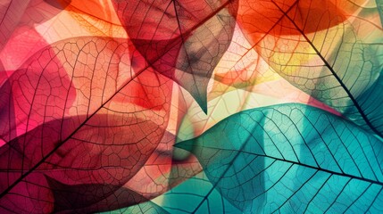 Colorful abstract background with overlapping transparent leaves, creating a vibrant and artistic texture with shades of red, blue, and orange.