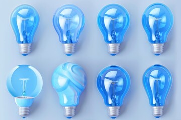 Blue light bulbs, lamp icon set, lightbulbs isolated, render style minimal light bulbs, creativity idea