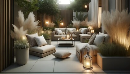 A modern garden with a neutral color palette, cozy textiles, and subtle decorative elements. The garden features comfortable seating with neutral-color