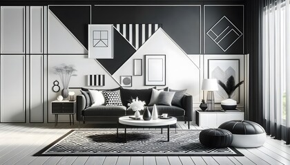 A sleek black and white living room with modern furniture, geometric patterns, and minimalist decor. The room features a stylish black sofa, a white 