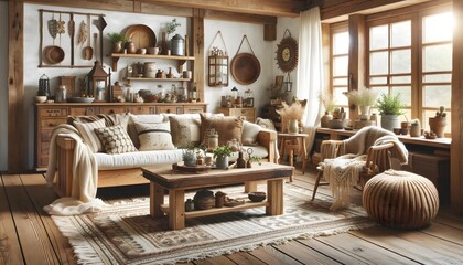  A farmhouse-style living room with rustic wood furniture, cozy textiles, and vintage decor, in a bright and inviting space. The room features a wooden