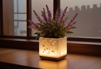 Dainty, pale Anise Hyssop petals neatly arranged in a minimalist, off-white ceramic vase resting on a smooth, oak wood table overlooking a luminous window