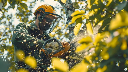 A professional arborist in safety gear is trimming a tree with a chainsaw, surrounded by lush green leaves. AI