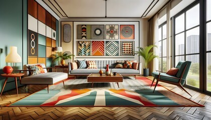  A mid-century modern living room with retro furniture, geometric patterns, and bold colors, in a well-lit space. The room features classic mid-century