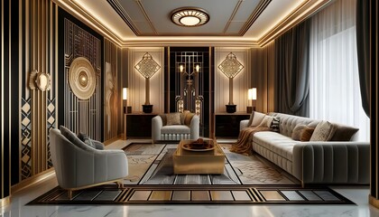  An art deco-inspired living room with bold geometric patterns, luxurious materials, and elegant furniture. The room features a plush sofa with sleek 