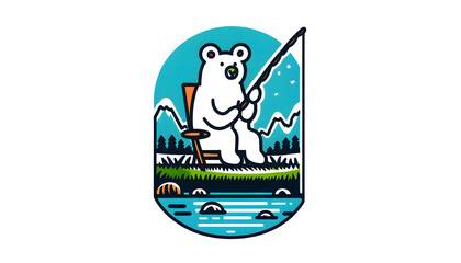 A white bear sitting on a lawn chair by a river, fishing, in an illustrative style with bright, contrasting colors. The bear should be distinct