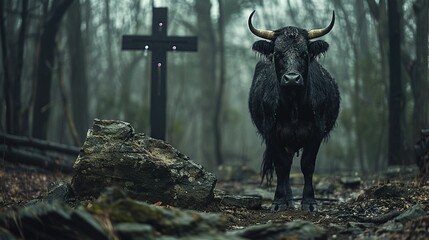   A black bull facing a cross amidst rocky trees in a dense forest