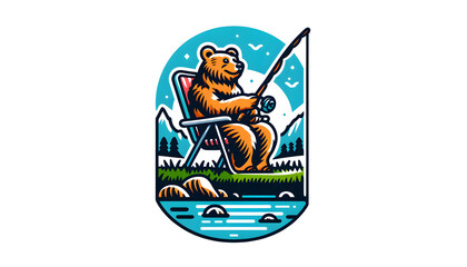 A bear sitting on a lawn chair by a river, fishing, in an illustrative style with bright, contrasting colors. The bear should be distinct with clear