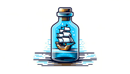 A ship in a glass bottle placed on a table in an illustrative style, with bright, contrasting colors. The ship and bottle should be distinct