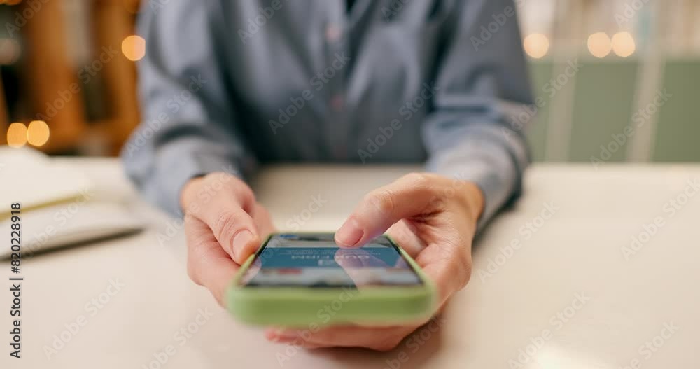 Poster hands, smartphone and scroll for social media app with online ads, reading article and internet brow