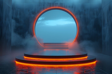 A sleek 3D podium with vibrant neon lighting effects, perfect for showcasing products or presentations in a modern and futuristic style
