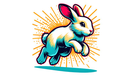 A cute rabbit jumping in a pop art style, with bright, contrasting colors. The rabbit should be distinct with clear outlines against a white backgroun
