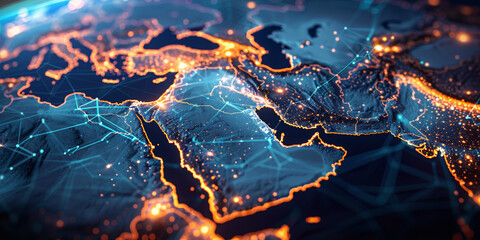 Abstract map of Saudi Arabia, Middle East and North Africa, concept of global network and connectivity, data transfer and cyber technology, information exchange and telecommunication