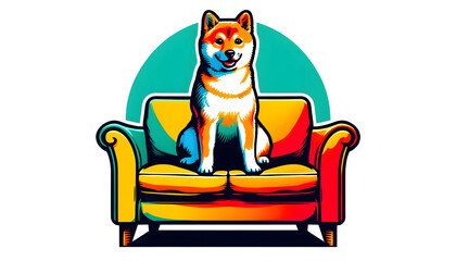A Shiba Inu dog sitting in the middle of a sofa in a pop art style, with bright, contrasting colors. The Shiba Inu should be distinct