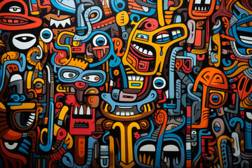 Obraz premium A wall covered in numerous vibrant drawings that create a striking display of color and artistry, showcasing a mix of urban design and creativity