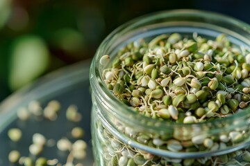 Naklejka premium Raw green buckwheat sprouted cereals, green buck wheat grains in jar, uncooked kasha sprouts heap