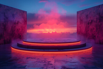 A futuristic 3D podium illuminated with vibrant neon lights, creating a striking and modern visual effect perfect for high-tech presentations or digital displays