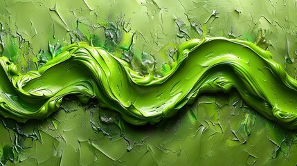   A painting of a green wave on a green background with water droplets at the base and top of the wave