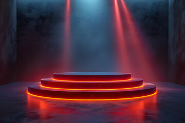 A futuristic 3D podium illuminated with vibrant neon lights, creating a striking and modern visual effect perfect for high-tech presentations or digital displays
