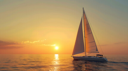 A sailboat is sailing in the ocean at sunset with the sun setting behind it.