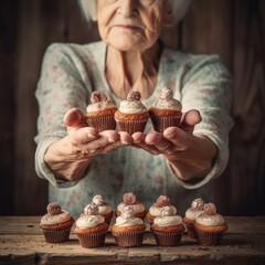 A old woman is smiling and holding up a tray of cupcakes.